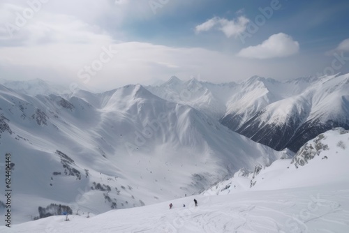 snowy mountain range, with skiers and snowboarders enjoying the winter weather, created with generative ai