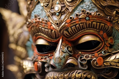 close-up of intricate balinese mask details, created with generative ai