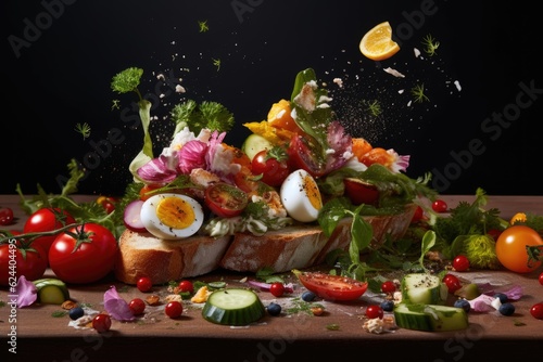 fresh ingredients falling into an open sandwich, created with generative ai