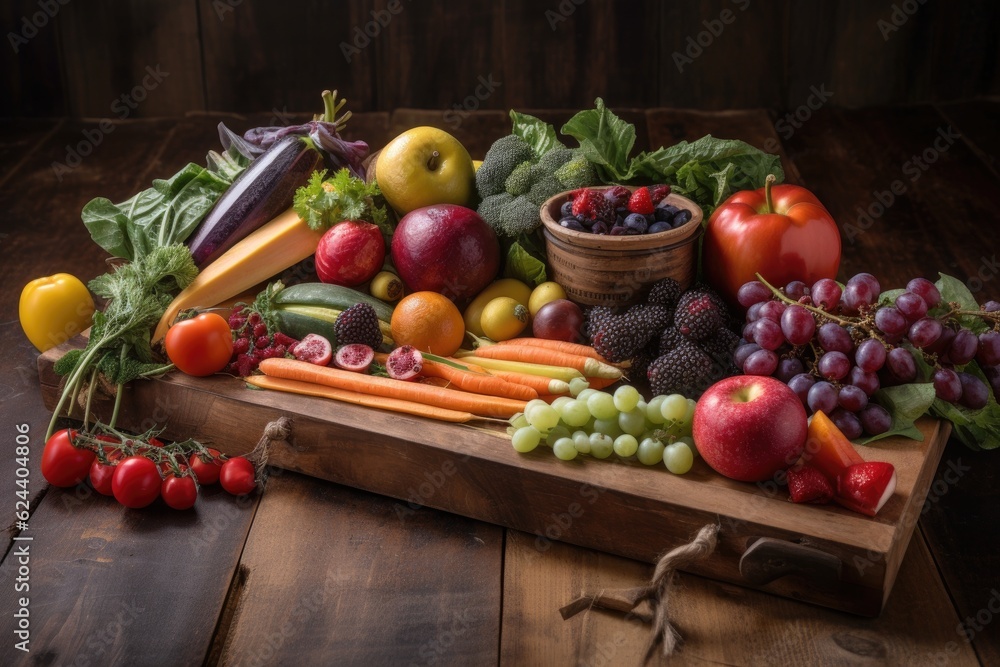 edible arrangement of fruits and vegetables atop rustic board, created with generative ai edible arrangement of fruits and vegetables atop rustic board, created with generative ai