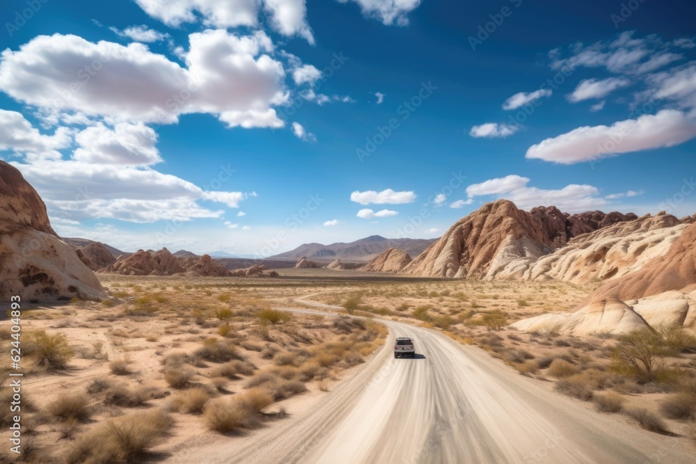 scenic road trip through the desert, with endless views of red rocks and sand, created with generative ai