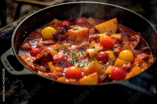 close-up of simmering dutch oven stew, created with generative ai
