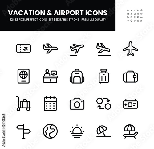 Vacation and airport icons set in 32 x 32 pixel perfect with editable stroke