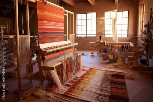 loom with partially woven navajo rug in progress, created with generative ai