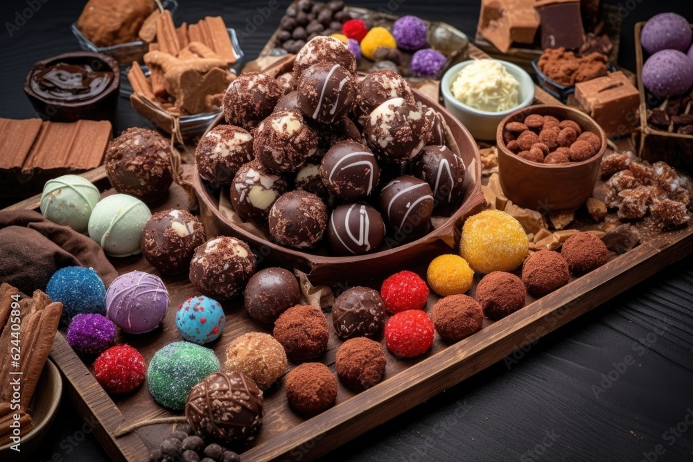 collection of chocolate truffles with unique toppings, created with generative ai