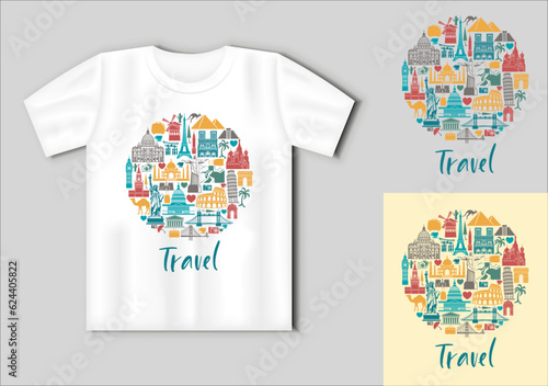 Icons world tourist attractions in the form of circle Travel concept with t-shirt mockup
