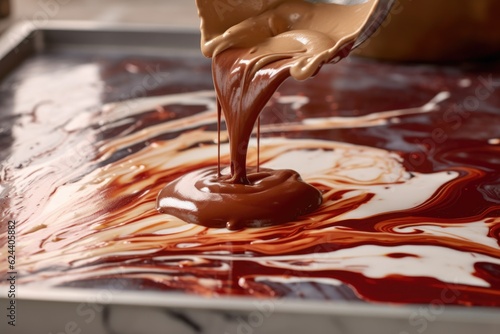 close-up of chocolate tempering process on marble surface  created with generative ai