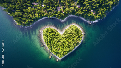 A picturesque scene of a heart-shaped lake or island, emphasizing the connection between water and heart health Generative AI