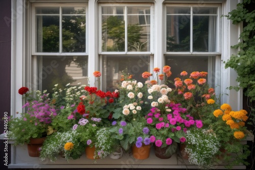window garden overflowing with colorful blooms and foliage, created with generative ai