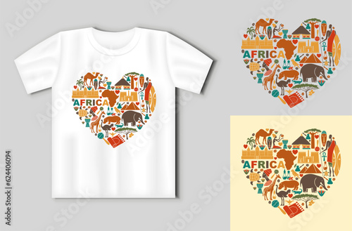 Symbols of Africa in the form of heart. Travel concept with t-shirt mockup
