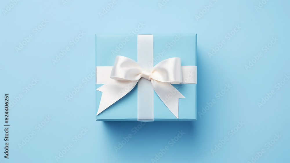 Baby blue gift box with white bow on light blue background flat lay, top view, Blurry background, template, Bokeh, Copy Space, Generative AI Baby blue gift box with white bow on light blue background flat lay, top view, Blurry background, template, Bokeh, Copy Space, Generative AI
