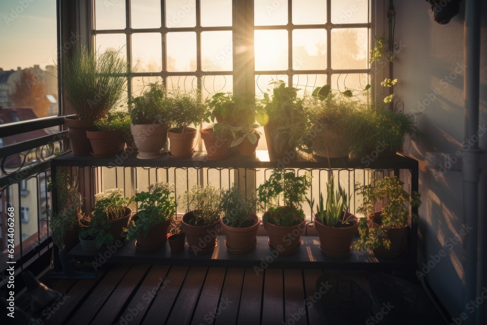 window garden with herbs and flowers on a balcony facing the sunrise, created with generative ai