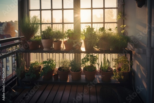 window garden with herbs and flowers on a balcony facing the sunrise  created with generative ai