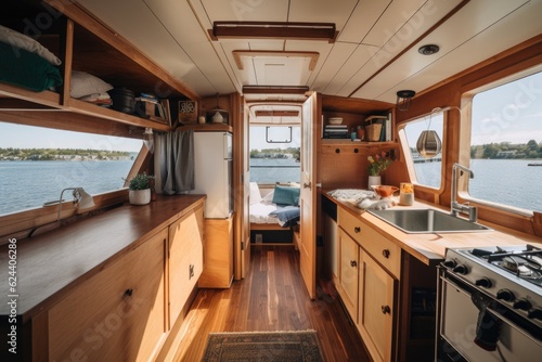 tiny home on a sailboat, with view of the open water, created with generative ai