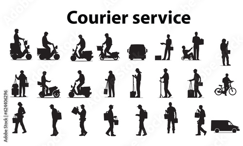 Silhouette Courier Service Vector illustration. Black Courier service. Set of bike for courier service.