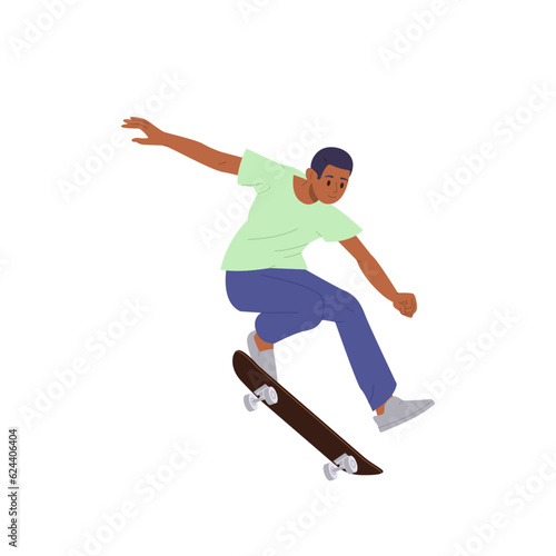Skateboarder boy riding longboard jumping stunt performing tricks isolated on white background