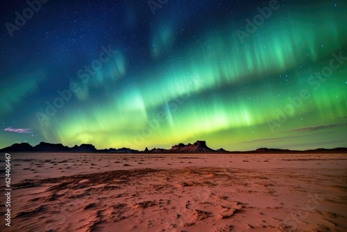 wide-angle shot of aurora borealis over desert horizon, created with generative ai