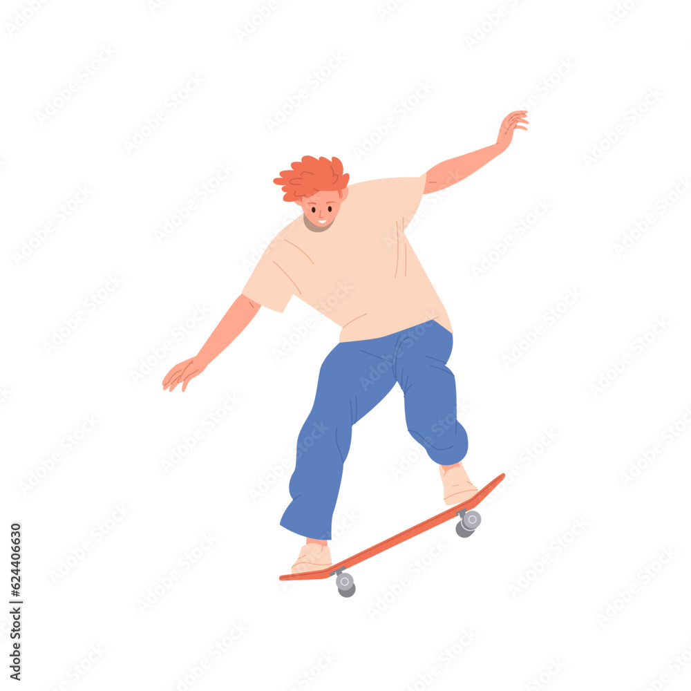 Teenager boy training longboard riding, learning making tricks on skateboard jumping and balancing