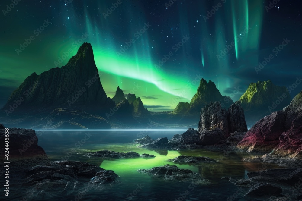a distant exoplanets rocky terrain illuminated by an otherworldly aurora, created with generative ai