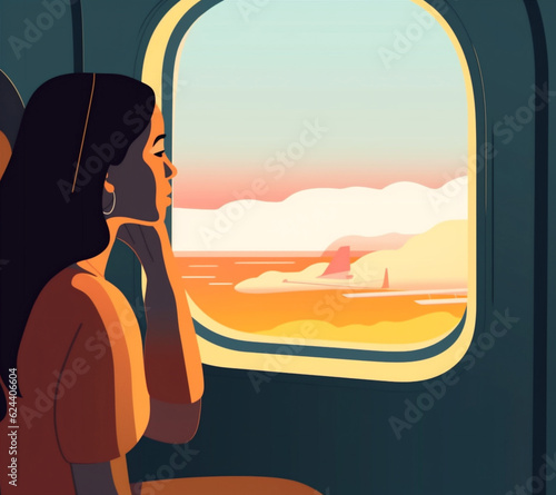flight woman character seat plane window transportation cabin trip journey passenger. Generative AI.