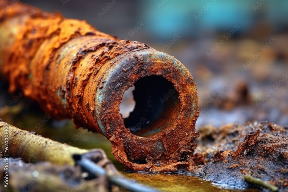 rusty, corroded pipe with visible water leak, created with generative ai rusty, corroded pipe with visible water leak, created with generative ai
