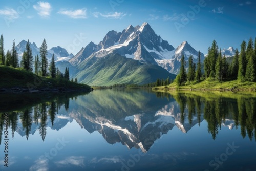 majestic mountain range reflected in quiet lake, created with generative ai