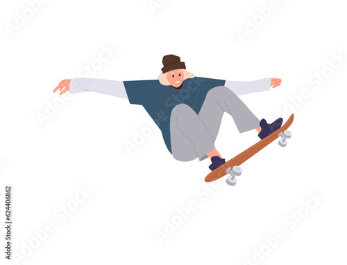 Athletic teenager skateboarder freestyle rider performing tricks speed motion isolated on white