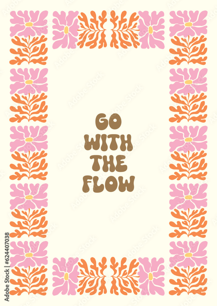 Groovy flowers vector illustration set with aesthetic quotes. Template for wallpaper, banner, postcard, poster, wall art