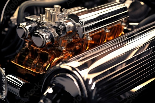 shiny classic car engine with chrome parts, created with generative ai