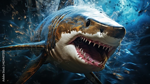 Ocean shark under water Open toothy dangerous mouth with many teeth AI generated image