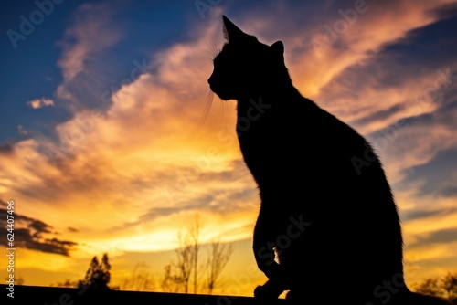 silhouette of cat stretching against morning sky, created with generative ai © altitudevisual