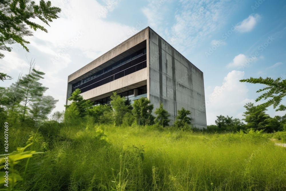 wide-angle shot of sleek and minimalist building surrounded by lush greenery, created with generative ai wide-angle shot of sleek and minimalist building surrounded by lush greenery, created with generative ai