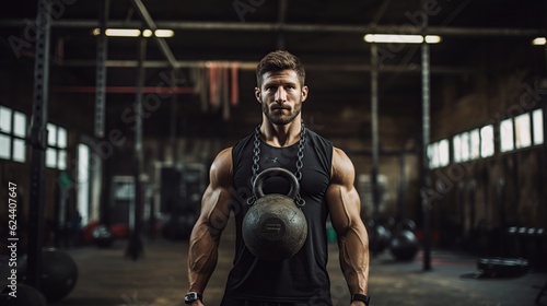 Handsome muscular man holding kettle bell in sport center