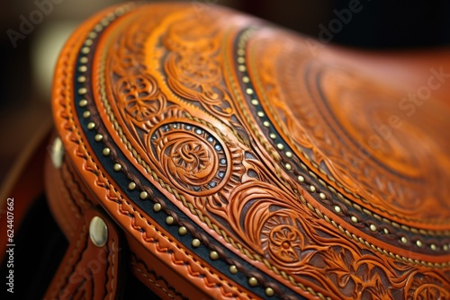 intricate stitching details on a leather saddle, created with generative ai