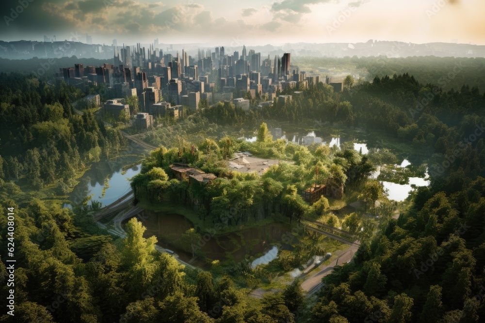 Fototapeta premium aerial view of urban skyline surrounded by nature, created with generative ai