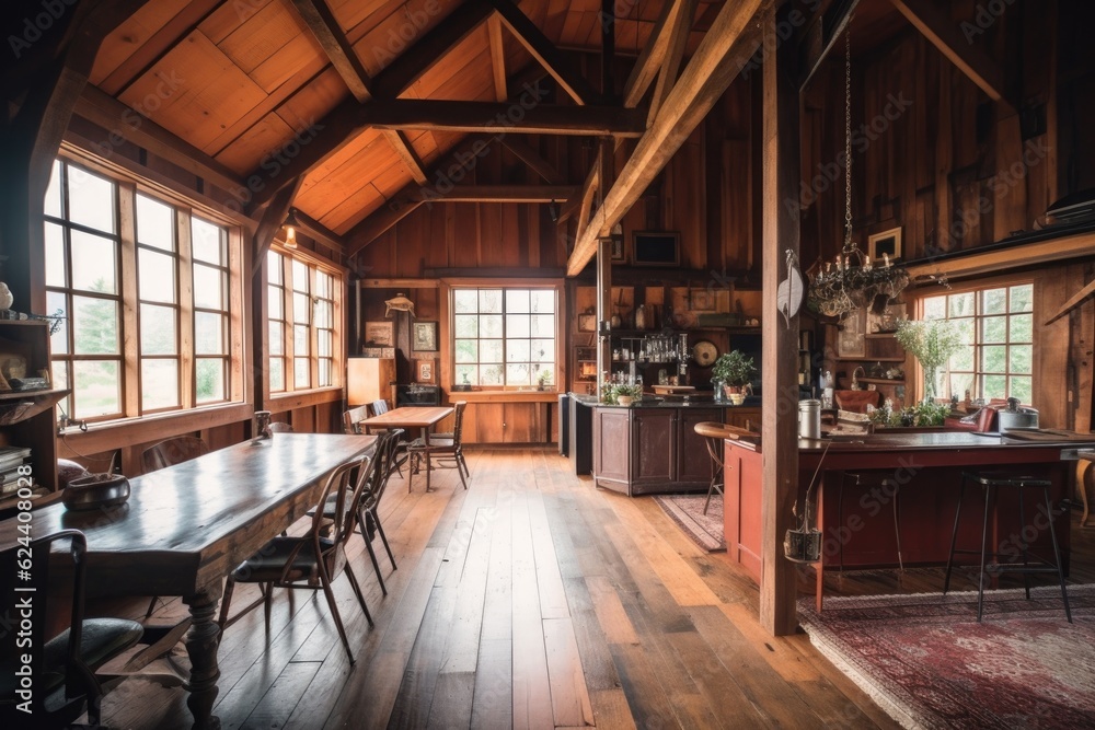 interior shot of restored barn showcasing wooden beams, created with generative ai interior shot of restored barn showcasing wooden beams, created with generative ai