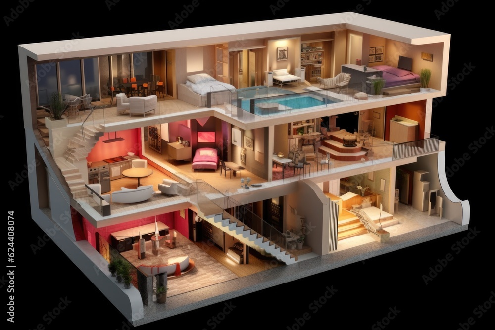 cross-section view of a 3d printed house showing interior layout, created with generative ai