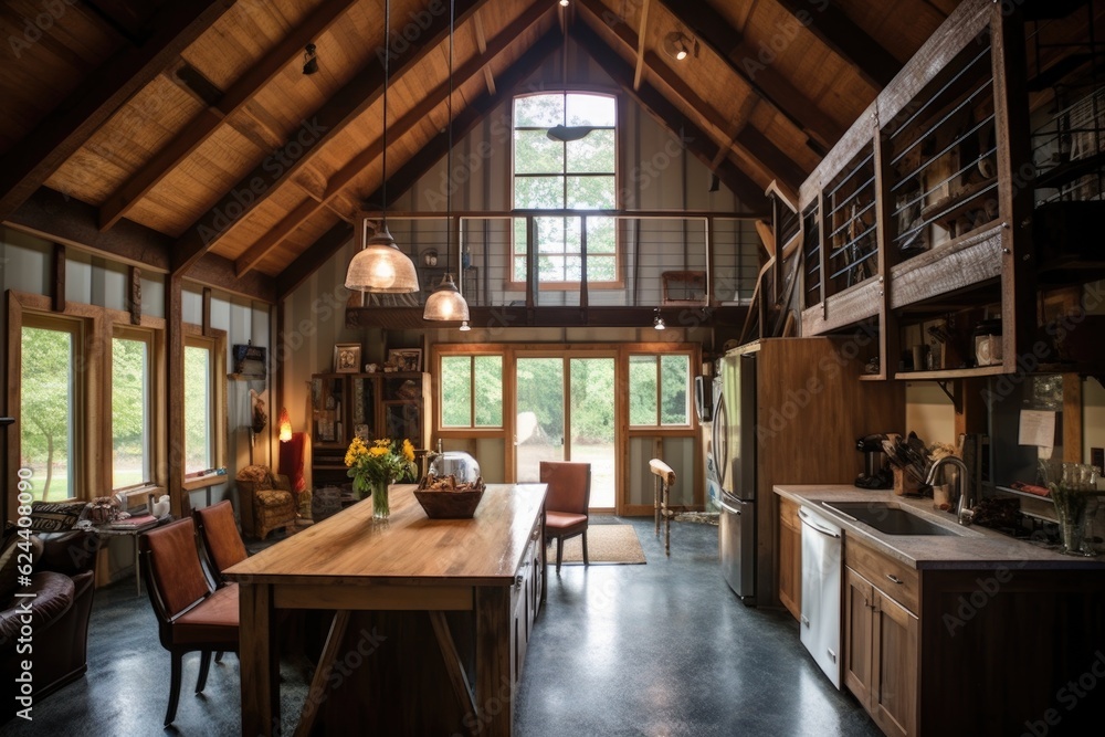 interior of restored barn with modern amenities, created with generative ai