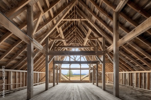 reconstructed barn roof and framework, created with generative ai