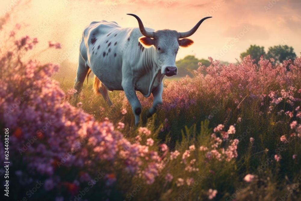 cows tail swishing near blooming wildflowers, created with generative ai