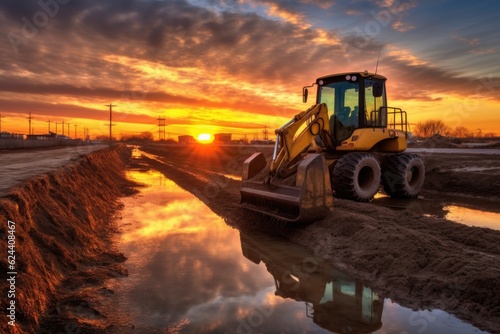 heavy machinery working on the levee repair during sunset  created with generative ai