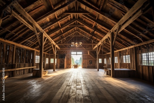 restored barn interior with exposed wooden beams, created with generative ai