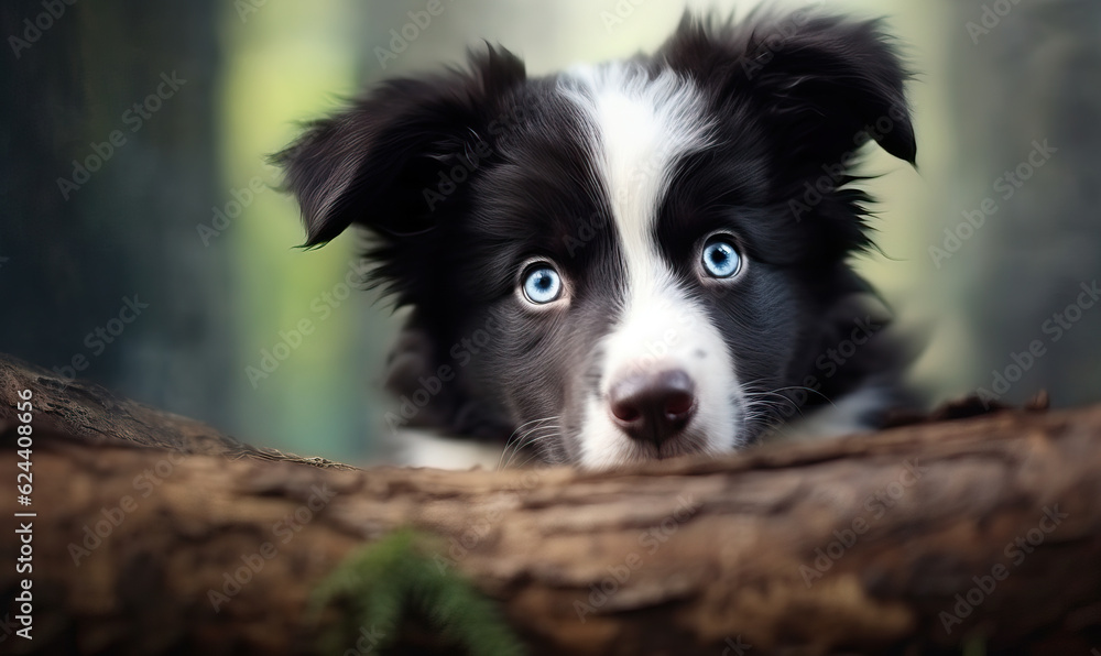 Cute border collie puppy with blue eyes in nature, Created using generative AI tools