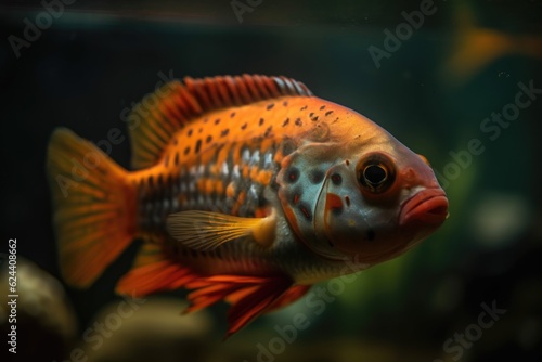 close-up of a tropical fish swimming in tank, created with generative ai