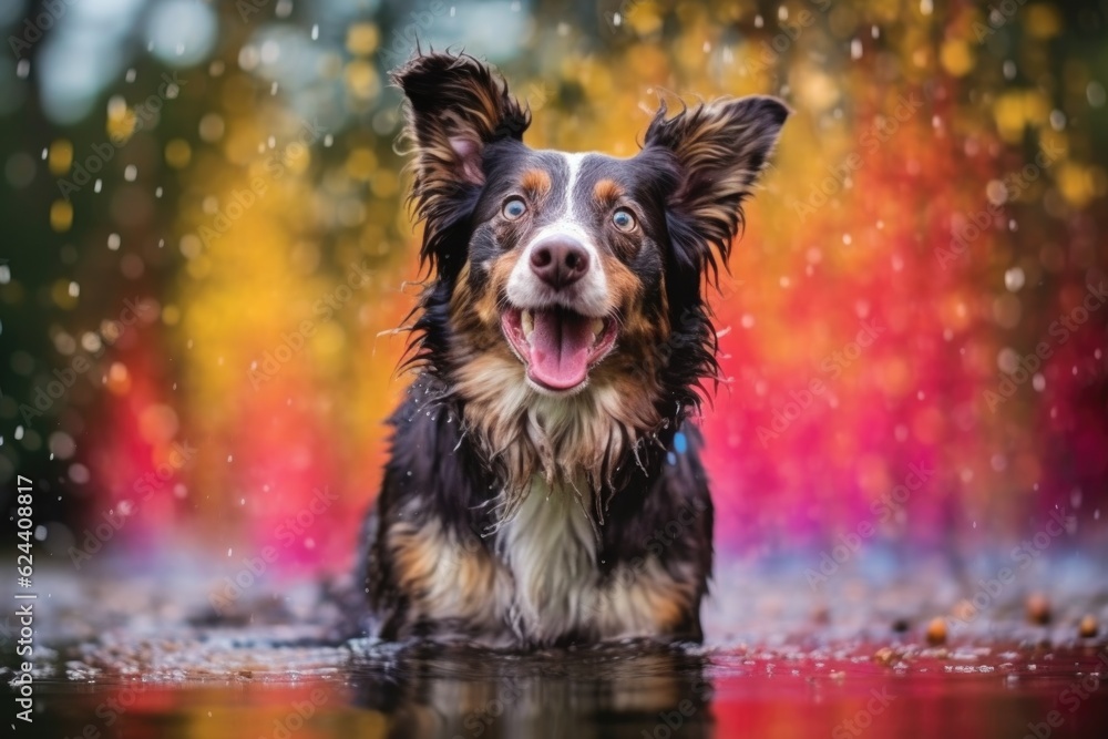 wet dog shaking with colorful water droplets in the background, created with generative ai wet dog shaking with colorful water droplets in the background, created with generative ai