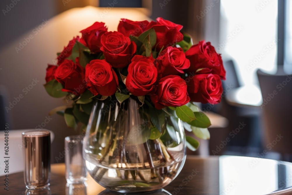 red rose bouquet in vase, with greenery and glassware visible, created with generative ai red rose bouquet in vase, with greenery and glassware visible, created with generative ai