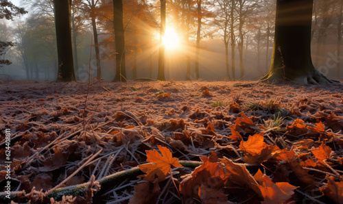 Autumn forest with morning frosts and sun rays. Created using generative AI tools