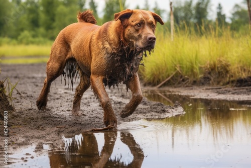 wet dog shaking near a puddle or pond, created with generative ai