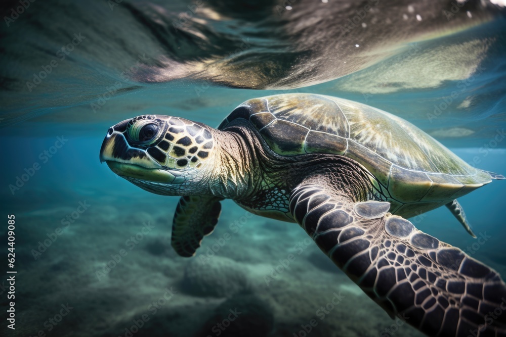 Fototapeta premium sea turtle swimming with its head above the water, looking for prey, created with generative ai