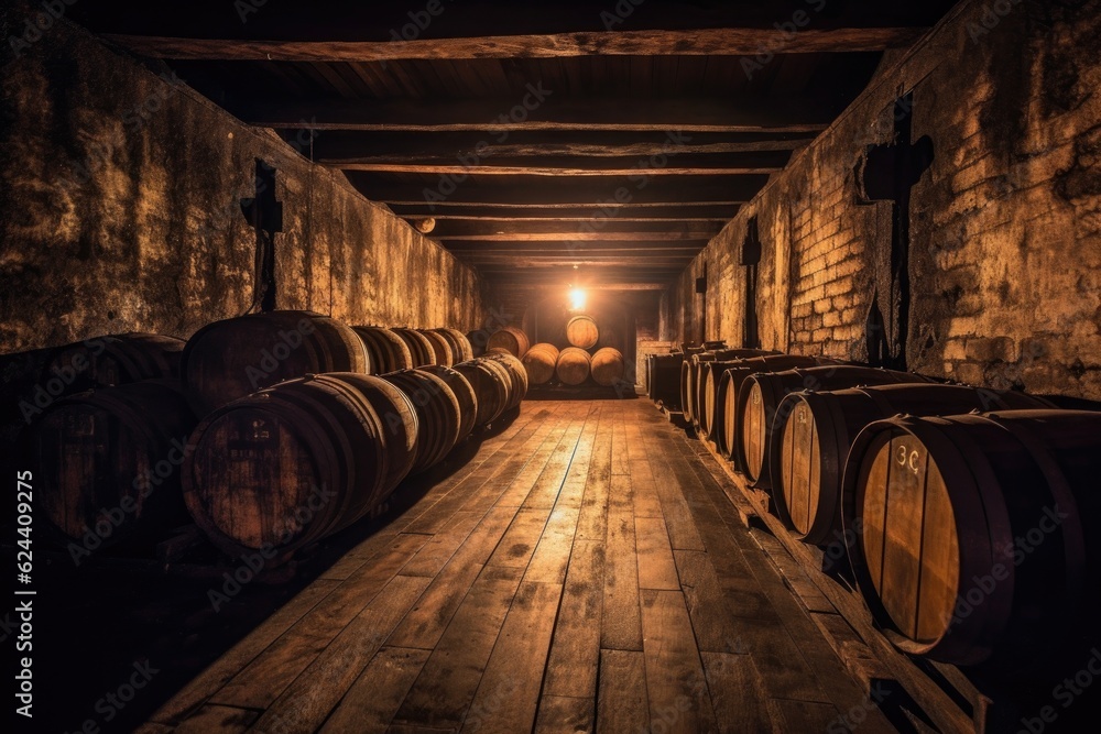row of aged whiskey barrels in a dimly lit cellar, created with generative ai